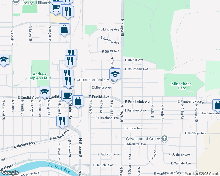 map of restaurants, bars, coffee shops, grocery stores, and more near 3411 East Euclid Avenue in Spokane