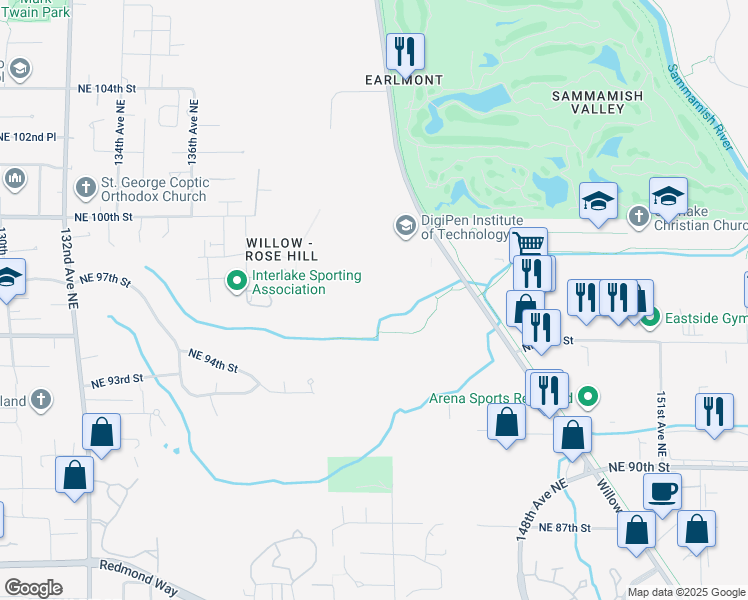 map of restaurants, bars, coffee shops, grocery stores, and more near 9805 Willows Rd NE in Redmond
