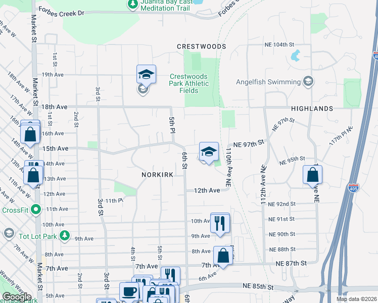 map of restaurants, bars, coffee shops, grocery stores, and more near 1329 6th Street in Kirkland