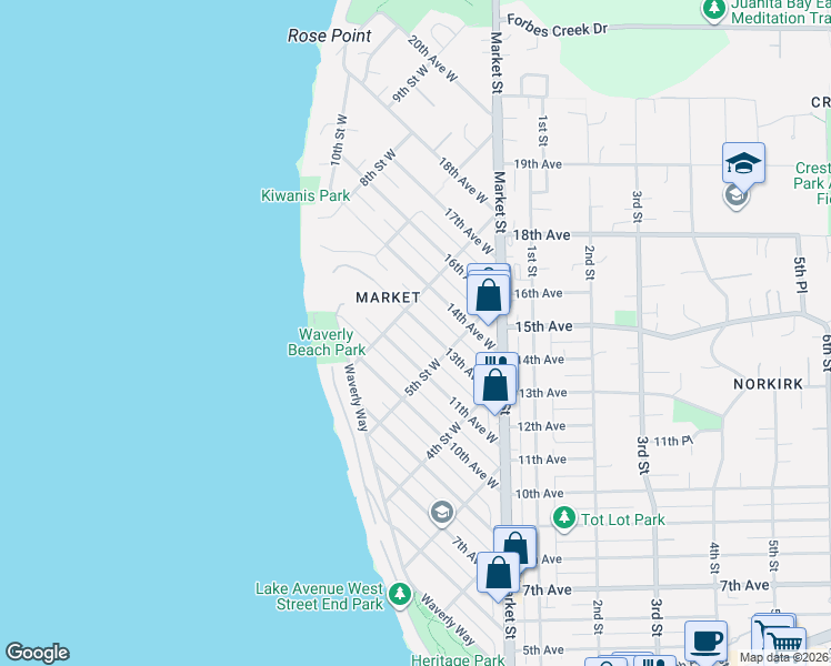 map of restaurants, bars, coffee shops, grocery stores, and more near 541 13th Avenue West in Kirkland