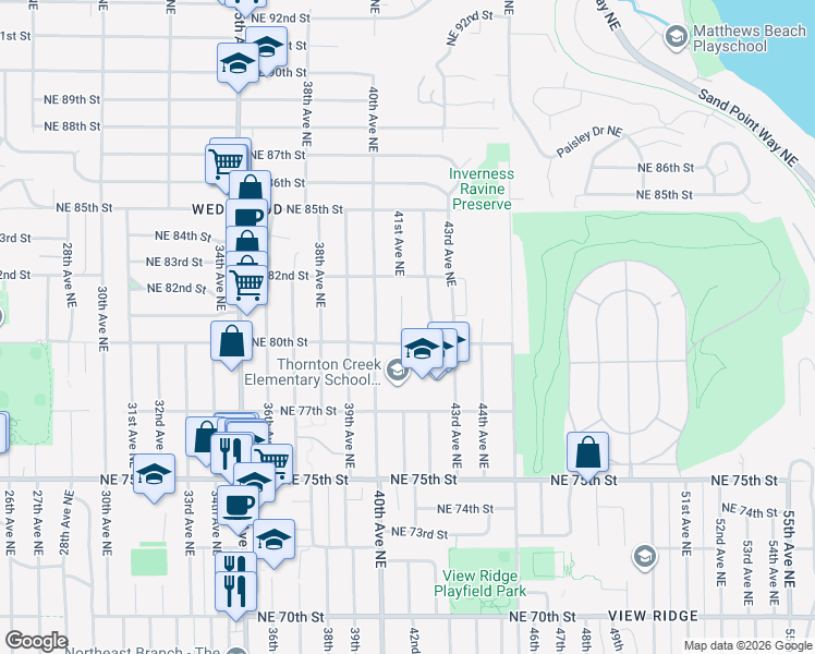 map of restaurants, bars, coffee shops, grocery stores, and more near 8003 41st Avenue Northeast in Seattle