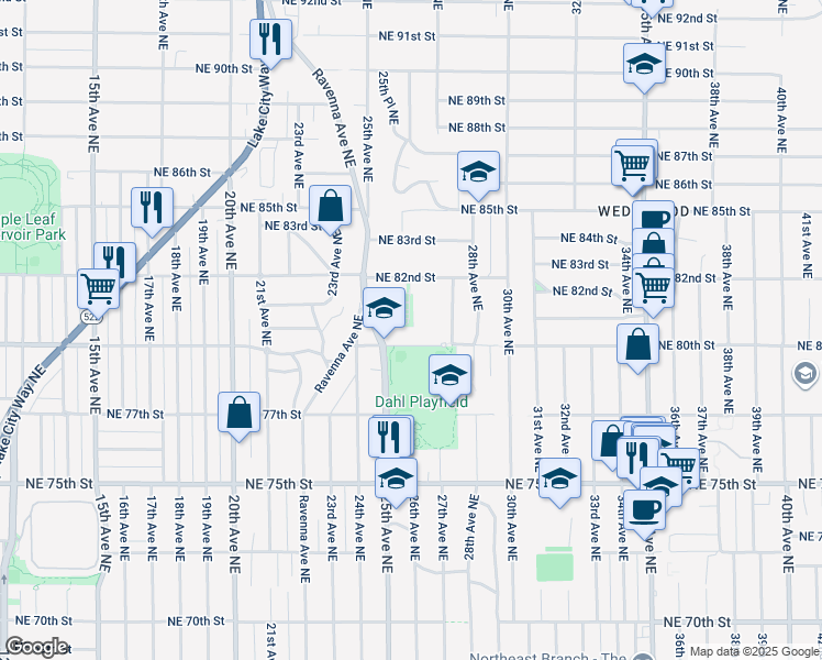 map of restaurants, bars, coffee shops, grocery stores, and more near 2598 Northeast 80th Street in Seattle