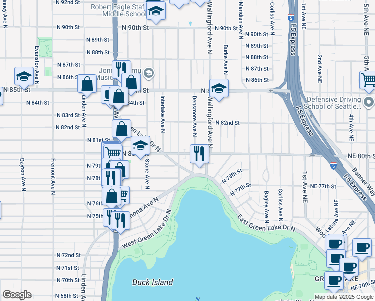 map of restaurants, bars, coffee shops, grocery stores, and more near in Seattle