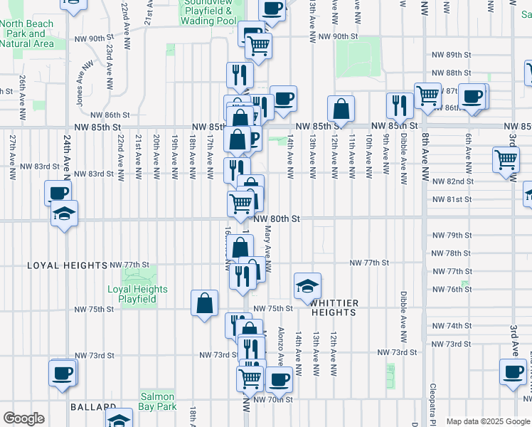map of restaurants, bars, coffee shops, grocery stores, and more near 7745 Mary Avenue Northwest in Seattle