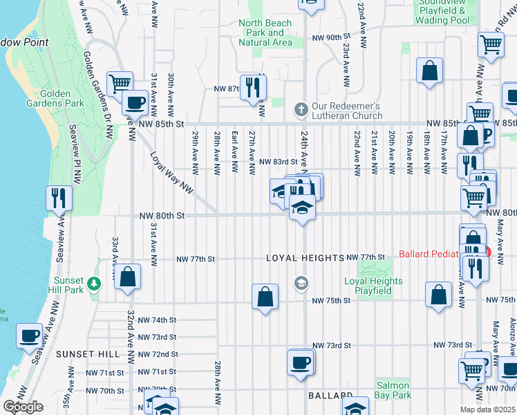 map of restaurants, bars, coffee shops, grocery stores, and more near 7753 27th Avenue Northwest in Seattle
