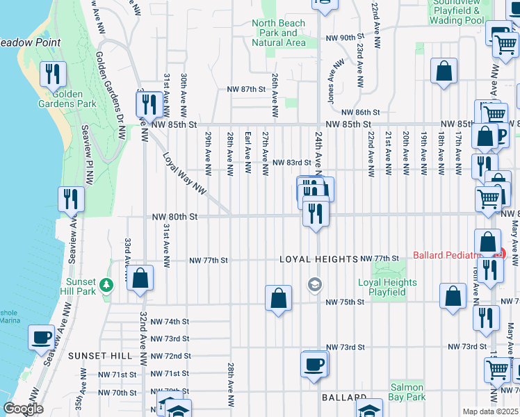 map of restaurants, bars, coffee shops, grocery stores, and more near 7753 27th Avenue Northwest in Seattle
