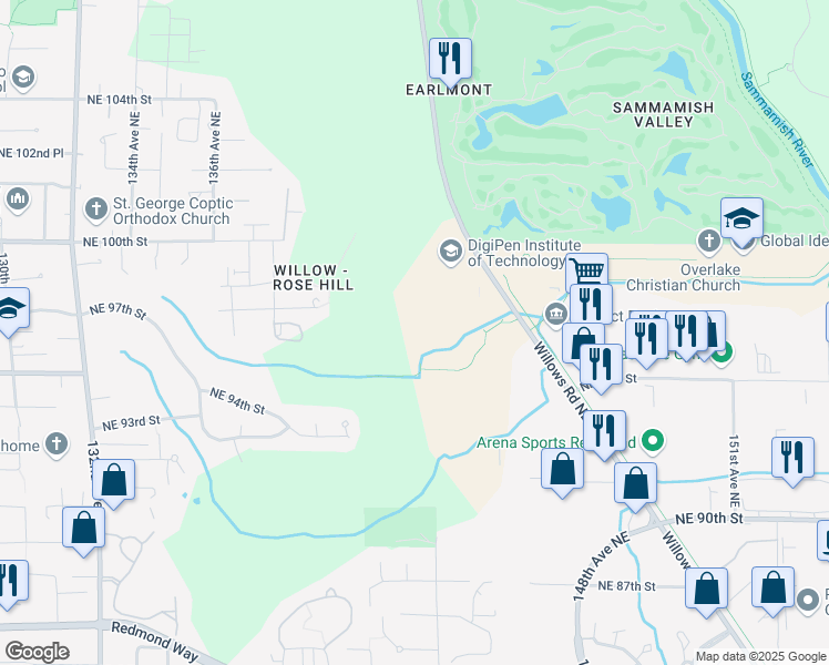 map of restaurants, bars, coffee shops, grocery stores, and more near 9805 Willows Road Northeast in Redmond