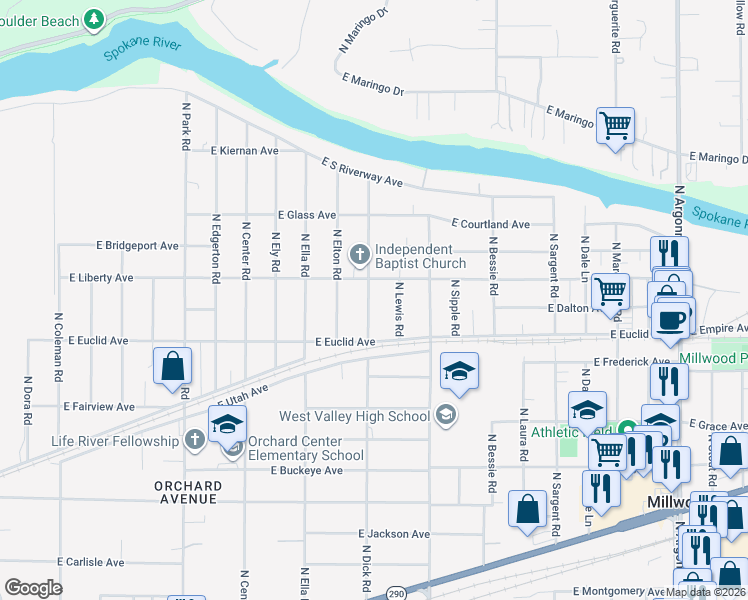 map of restaurants, bars, coffee shops, grocery stores, and more near 3310 North Dick Road in Spokane Valley