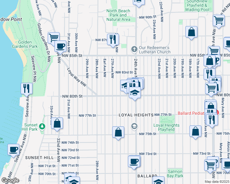 map of restaurants, bars, coffee shops, grocery stores, and more near 7753 27th Avenue Northwest in Seattle