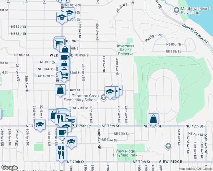 map of restaurants, bars, coffee shops, grocery stores, and more near 8003 41st Avenue Northeast in Seattle