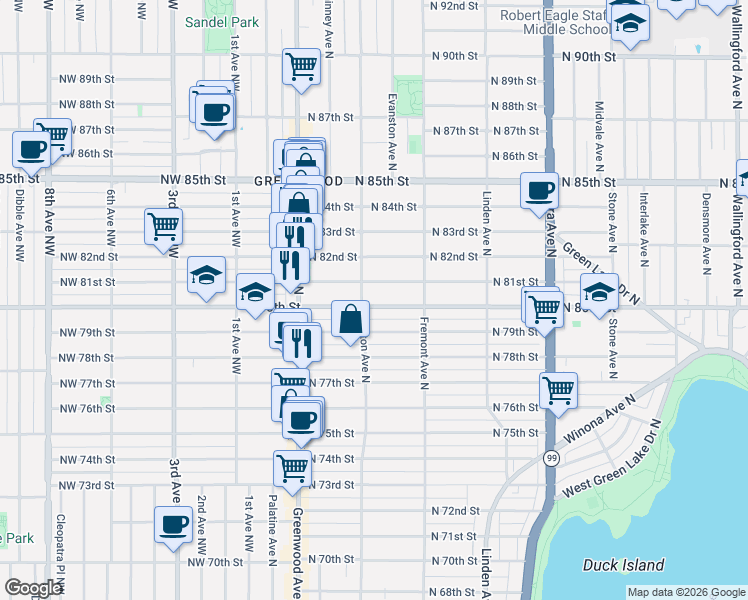 map of restaurants, bars, coffee shops, grocery stores, and more near 508 North 79th Street in Seattle