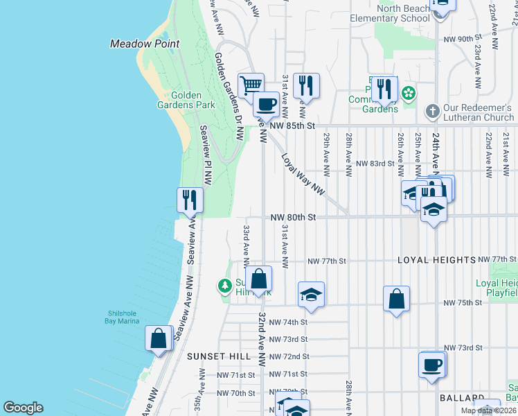 map of restaurants, bars, coffee shops, grocery stores, and more near in Seattle