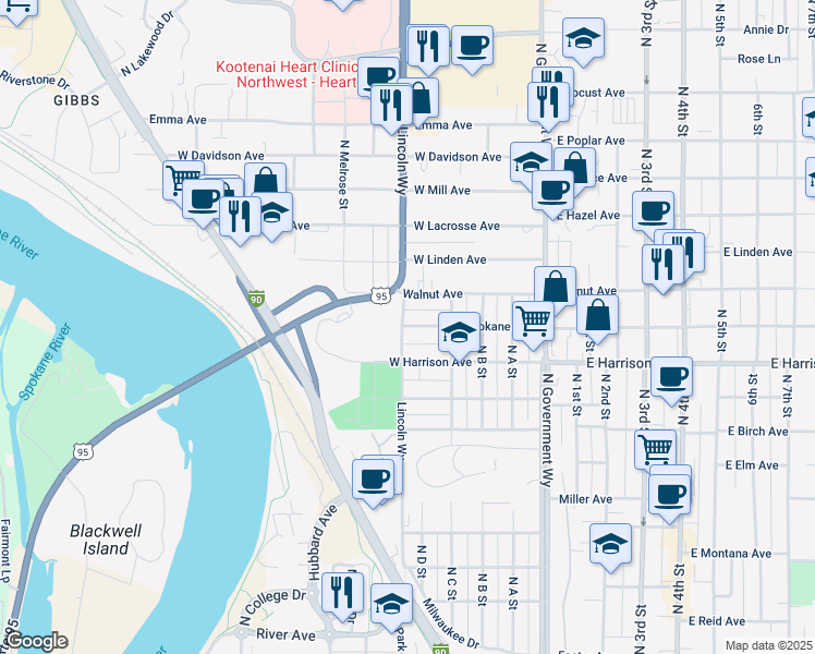 map of restaurants, bars, coffee shops, grocery stores, and more near 5250 Lincoln Way in Coeur d'Alene