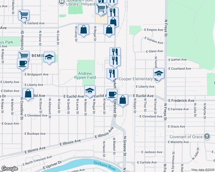 map of restaurants, bars, coffee shops, grocery stores, and more near 3017 East Euclid Avenue in Spokane