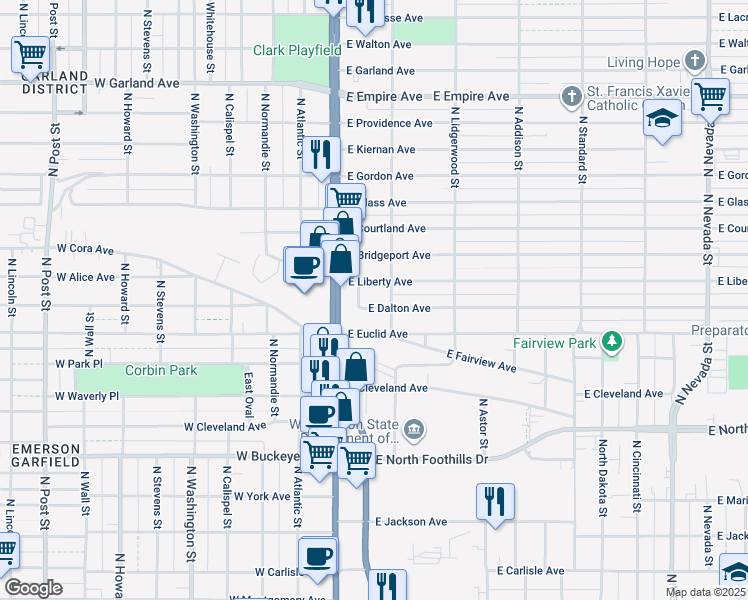 map of restaurants, bars, coffee shops, grocery stores, and more near 35 East Euclid Avenue in Spokane