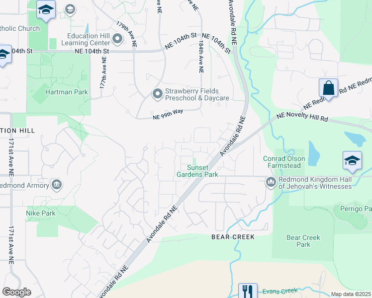map of restaurants, bars, coffee shops, grocery stores, and more near 18250 Northeast 96th Way in Redmond