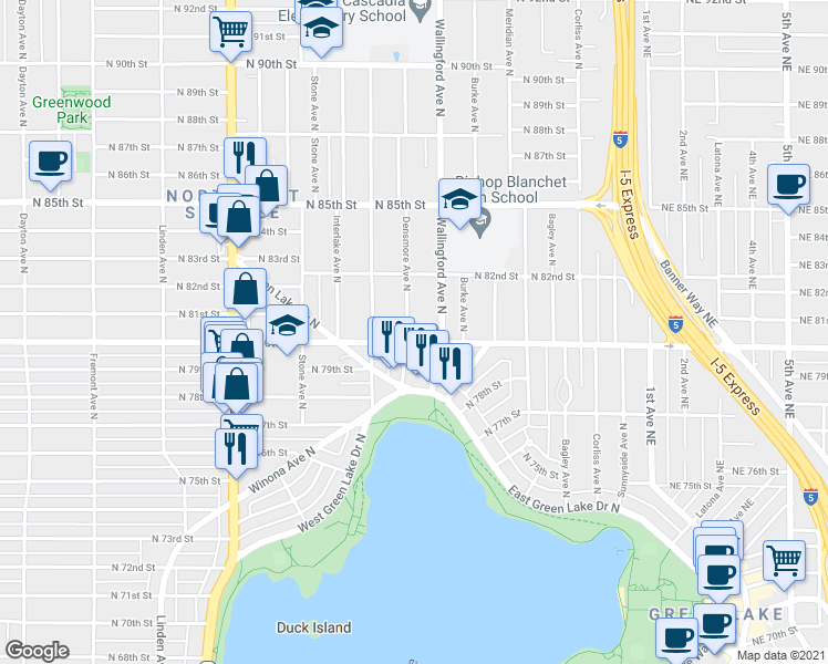 map of restaurants, bars, coffee shops, grocery stores, and more near 7927 Wallingford Avenue North in Seattle