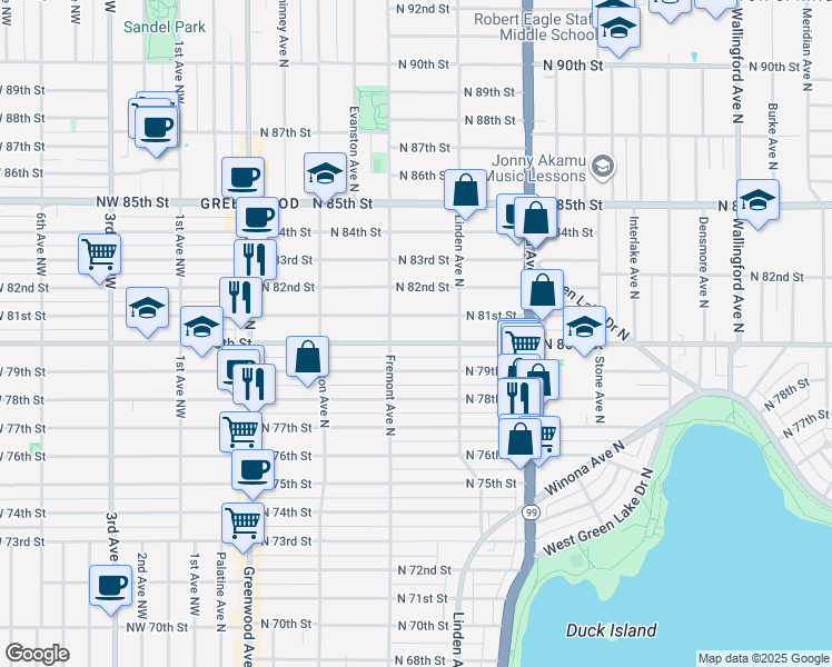 map of restaurants, bars, coffee shops, grocery stores, and more near 718 North 79th Street in Seattle