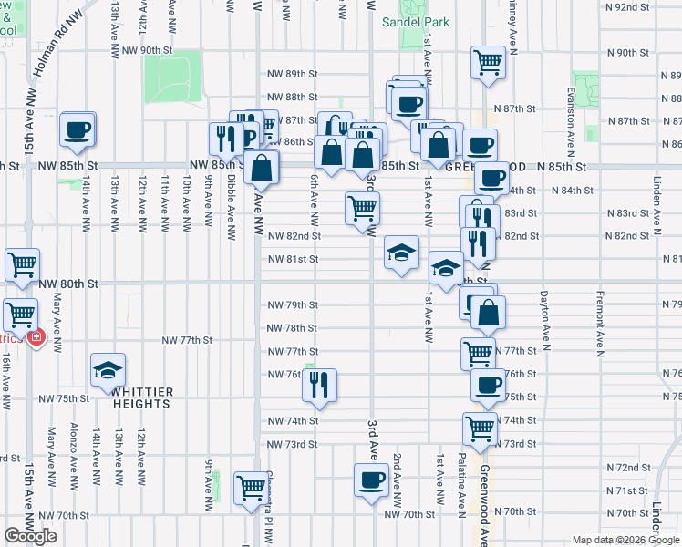 map of restaurants, bars, coffee shops, grocery stores, and more near 342 Northwest 79th Street in Seattle