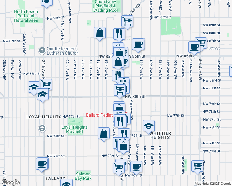 map of restaurants, bars, coffee shops, grocery stores, and more near in Seattle