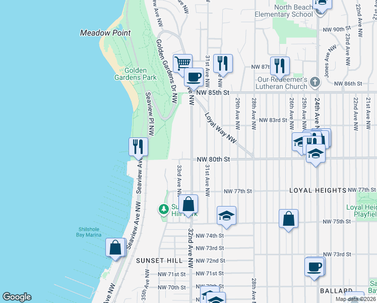 map of restaurants, bars, coffee shops, grocery stores, and more near in Seattle