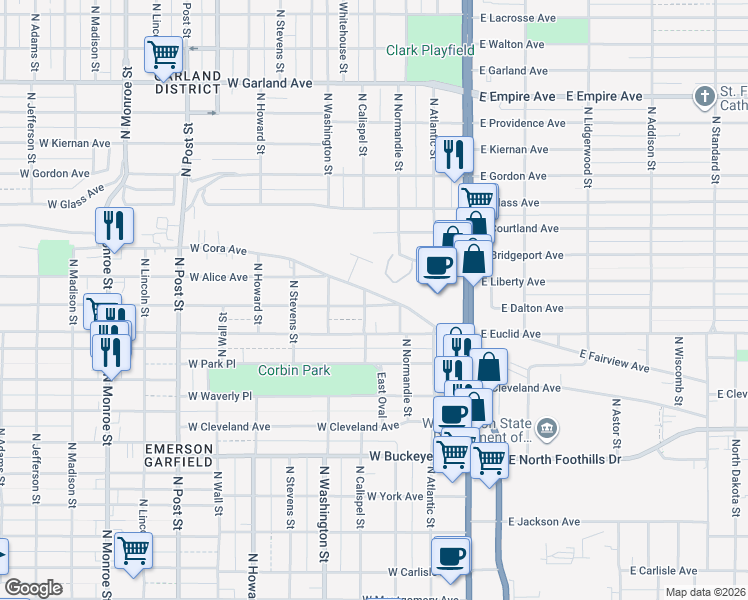 map of restaurants, bars, coffee shops, grocery stores, and more near 3110 North Calispel Street in Spokane