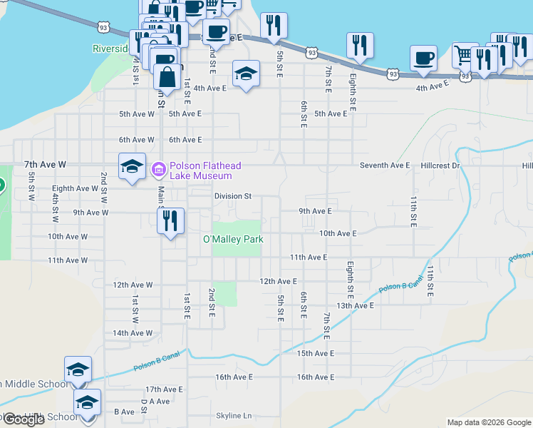 map of restaurants, bars, coffee shops, grocery stores, and more near 1000-1098 4th Street East in Polson
