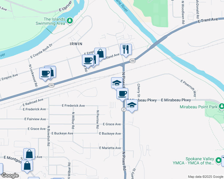 map of restaurants, bars, coffee shops, grocery stores, and more near 3303 North Pines Road in Spokane Valley