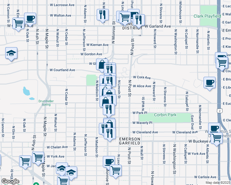 map of restaurants, bars, coffee shops, grocery stores, and more near 3306 North Monroe Street in Spokane
