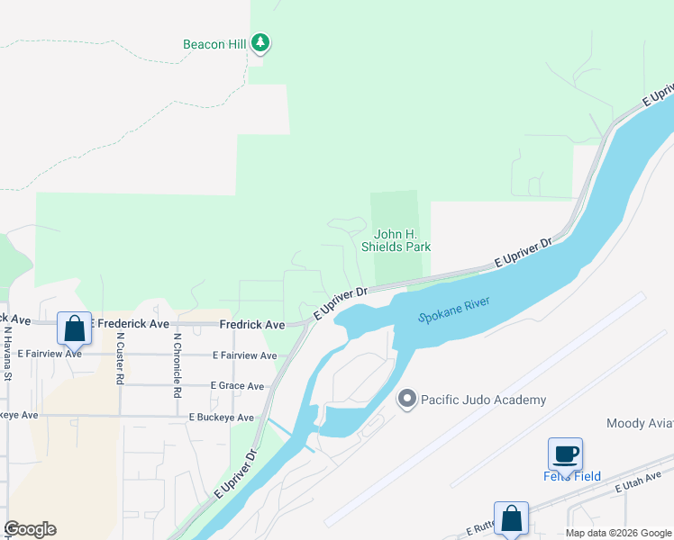map of restaurants, bars, coffee shops, grocery stores, and more near 5424 East Bridgeport Court in Spokane