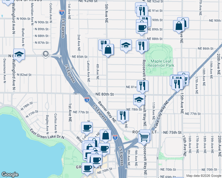 map of restaurants, bars, coffee shops, grocery stores, and more near 521 Northeast 82nd Street in Seattle