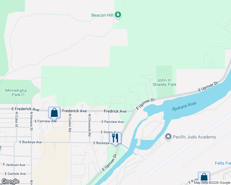 map of restaurants, bars, coffee shops, grocery stores, and more near 7618 East Hodin Drive in Spokane