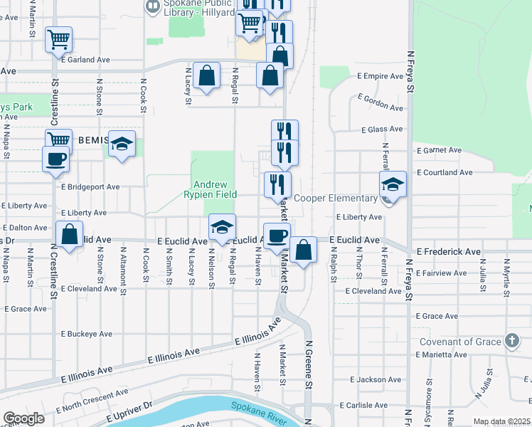 map of restaurants, bars, coffee shops, grocery stores, and more near 3013 East Bridgeport Avenue in Spokane
