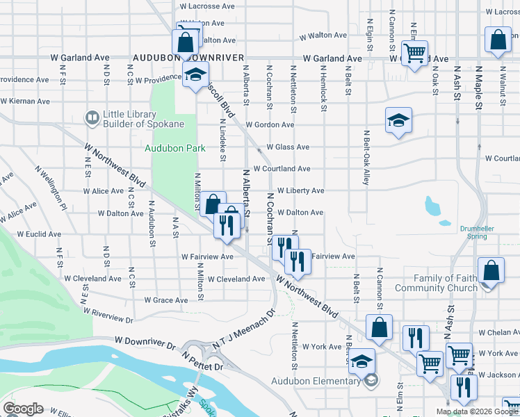 map of restaurants, bars, coffee shops, grocery stores, and more near 2511 West Liberty Avenue in Spokane