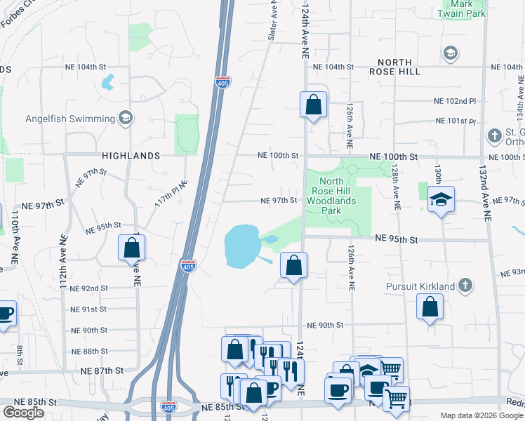 map of restaurants, bars, coffee shops, grocery stores, and more near 12216 Northeast 97th Street in Kirkland