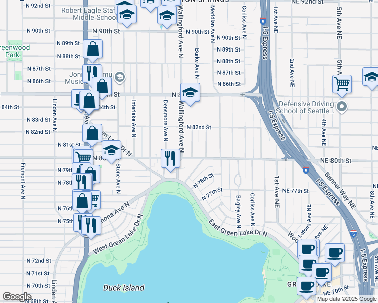 map of restaurants, bars, coffee shops, grocery stores, and more near 8038 Burke Avenue North in Seattle