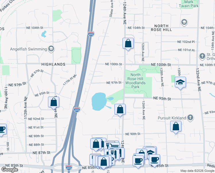 map of restaurants, bars, coffee shops, grocery stores, and more near 12216 Northeast 97th Street in Kirkland