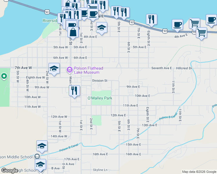 map of restaurants, bars, coffee shops, grocery stores, and more near 307-425 Division Street in Polson