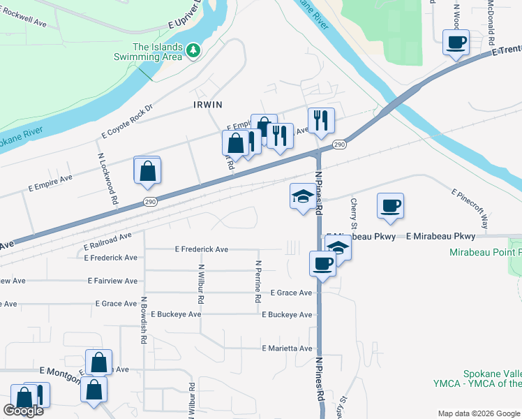 map of restaurants, bars, coffee shops, grocery stores, and more near 12011 East Railroad Circle in Spokane Valley