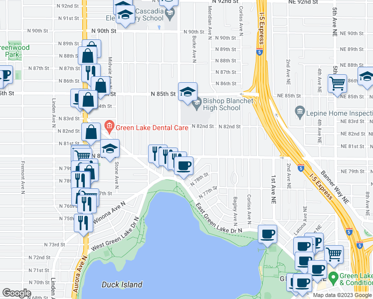 map of restaurants, bars, coffee shops, grocery stores, and more near 8038 Burke Avenue North in Seattle