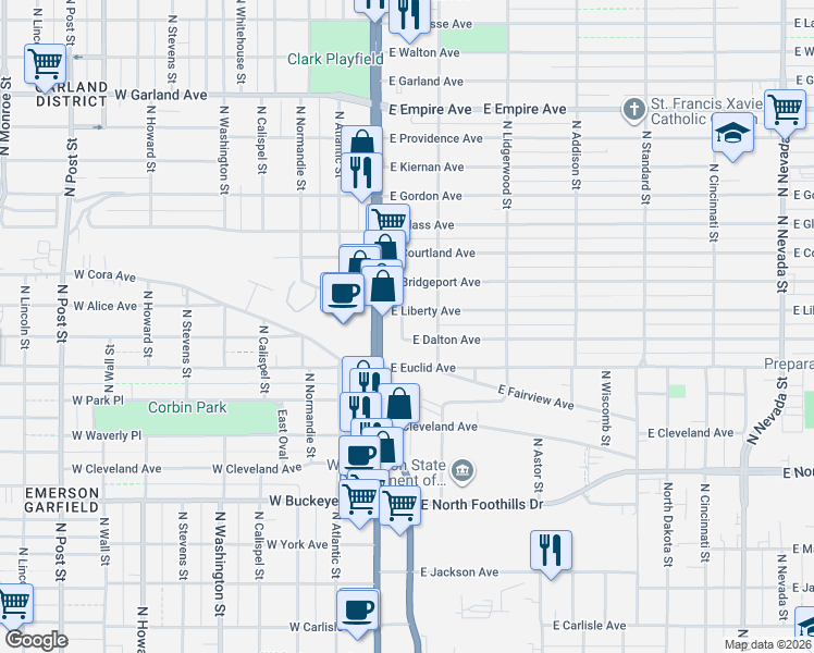 map of restaurants, bars, coffee shops, grocery stores, and more near 39 Liberty Avenue in Spokane