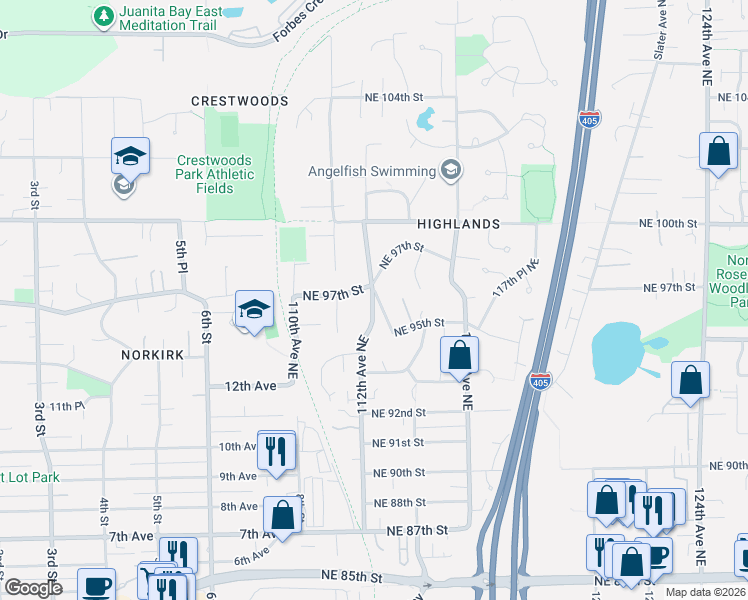 map of restaurants, bars, coffee shops, grocery stores, and more near 11219 Northeast 95th Street in Kirkland