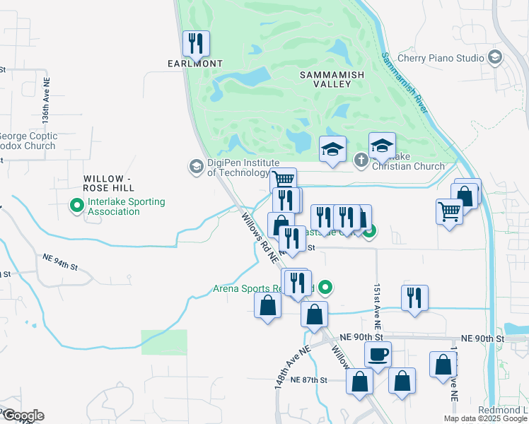 map of restaurants, bars, coffee shops, grocery stores, and more near 9840 Willows Road in Redmond