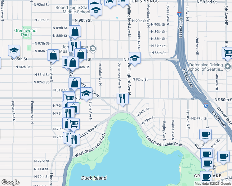 map of restaurants, bars, coffee shops, grocery stores, and more near in Seattle