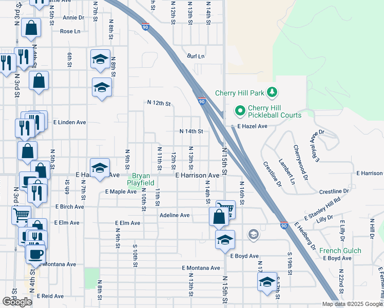 map of restaurants, bars, coffee shops, grocery stores, and more near 1406 North 13th Street in Coeur d'Alene