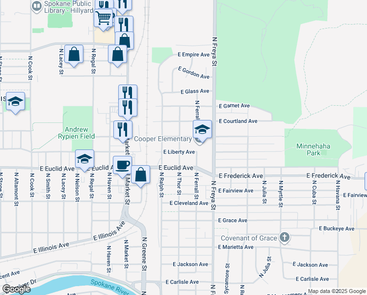 map of restaurants, bars, coffee shops, grocery stores, and more near 3412 East Bridgeport Avenue in Spokane
