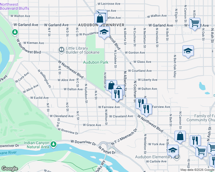 map of restaurants, bars, coffee shops, grocery stores, and more near 2711 West Liberty Avenue in Spokane