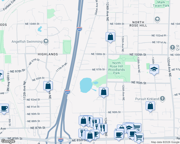 map of restaurants, bars, coffee shops, grocery stores, and more near 12010 Northeast 97th Street in Kirkland
