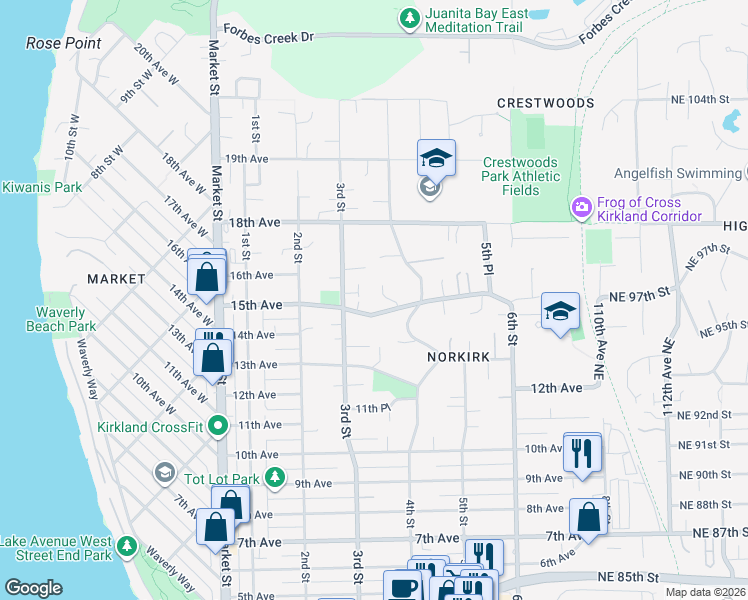 map of restaurants, bars, coffee shops, grocery stores, and more near 1512 3rd Street in Kirkland