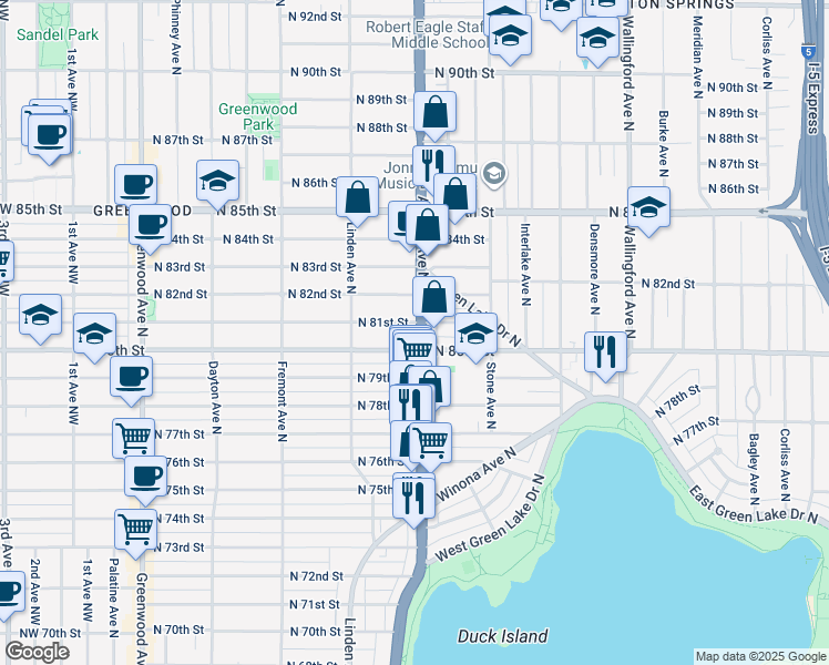 map of restaurants, bars, coffee shops, grocery stores, and more near 8110 Aurora Avenue North in Seattle